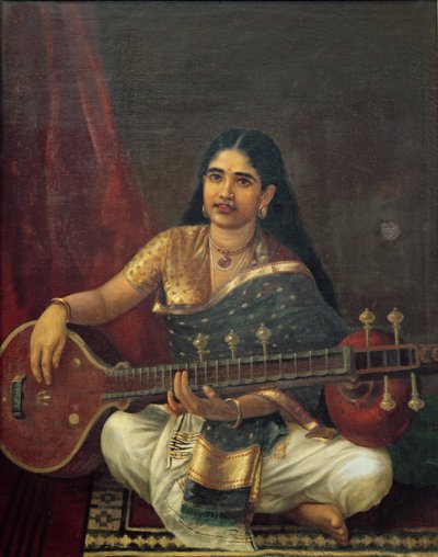 Mulher jovem, com, um, veena de Raja Ravi Varma
